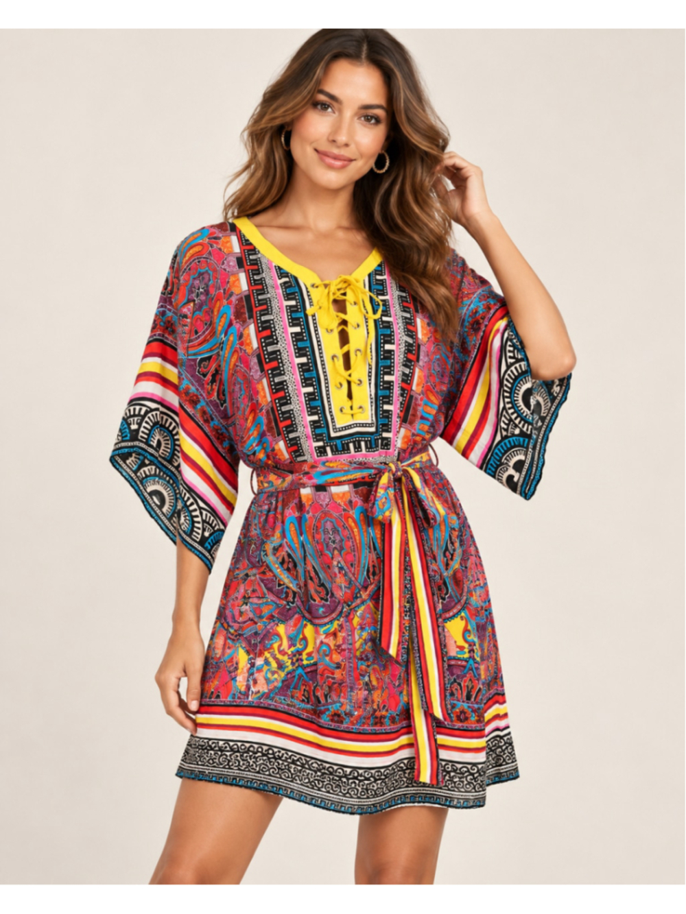 Cache Women’s 95% Silk Boho Paisley Lace Up Kimono Sleeve Mini Dress Size S